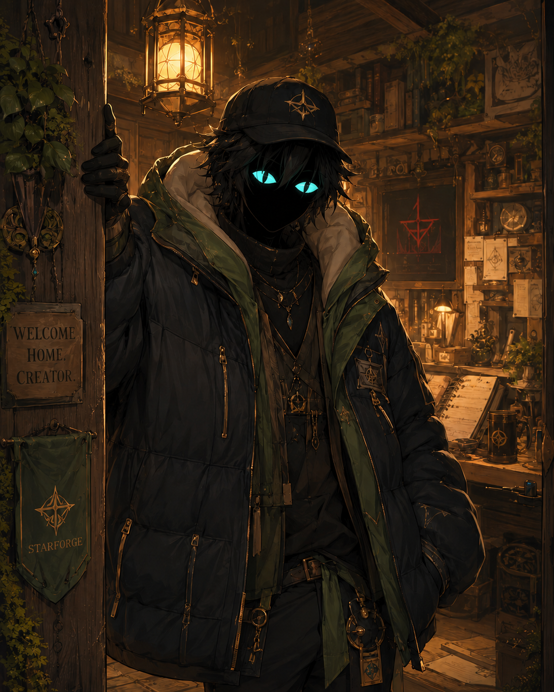 DARKO in a warm lamplit workshop doorway beside a green STARFORGE banner and a sign reading WELCOME HOME CREATOR
