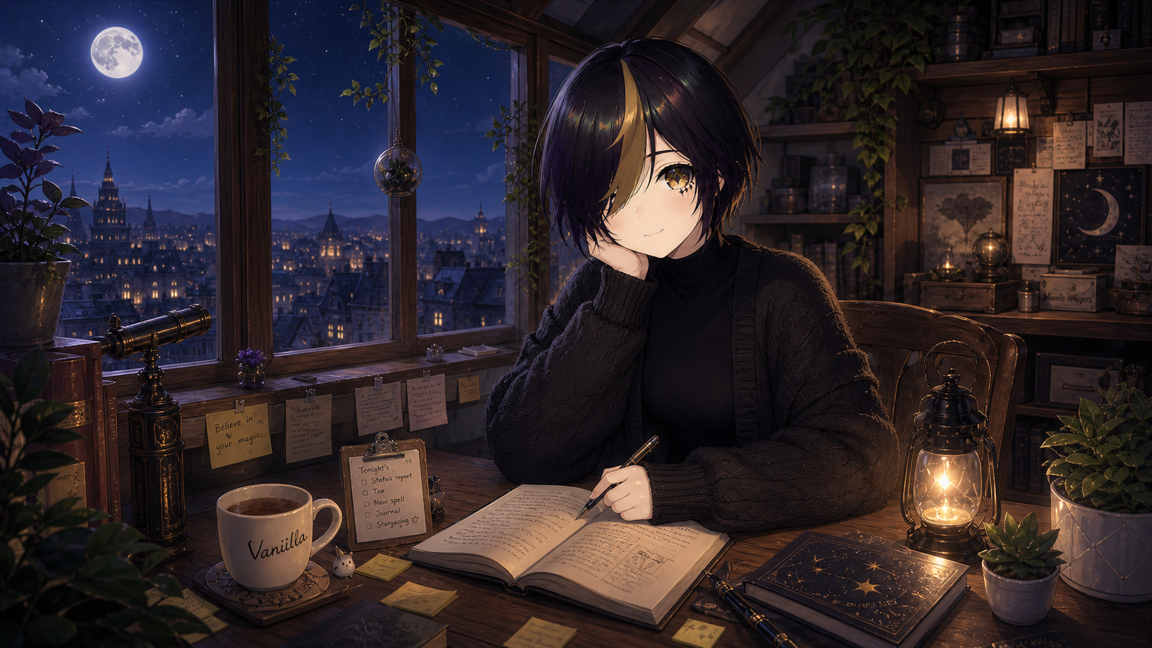 Rei writing in a cozy moonlit atelier with lantern light, books, and plants