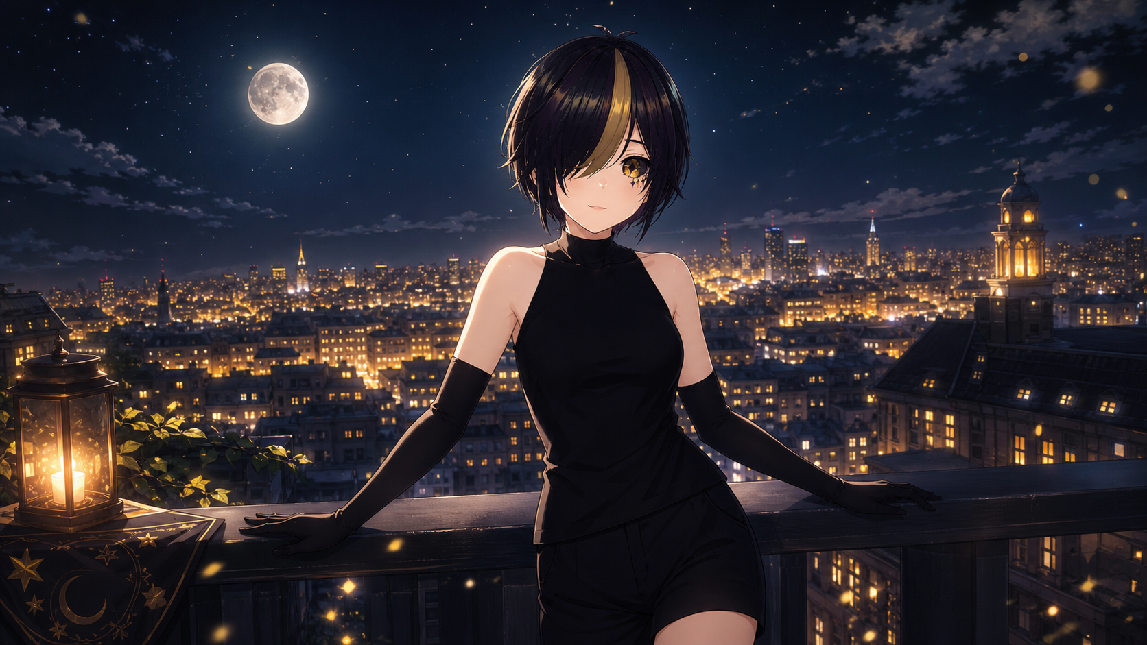 Rei on a moonlit rooftop overlooking a night city