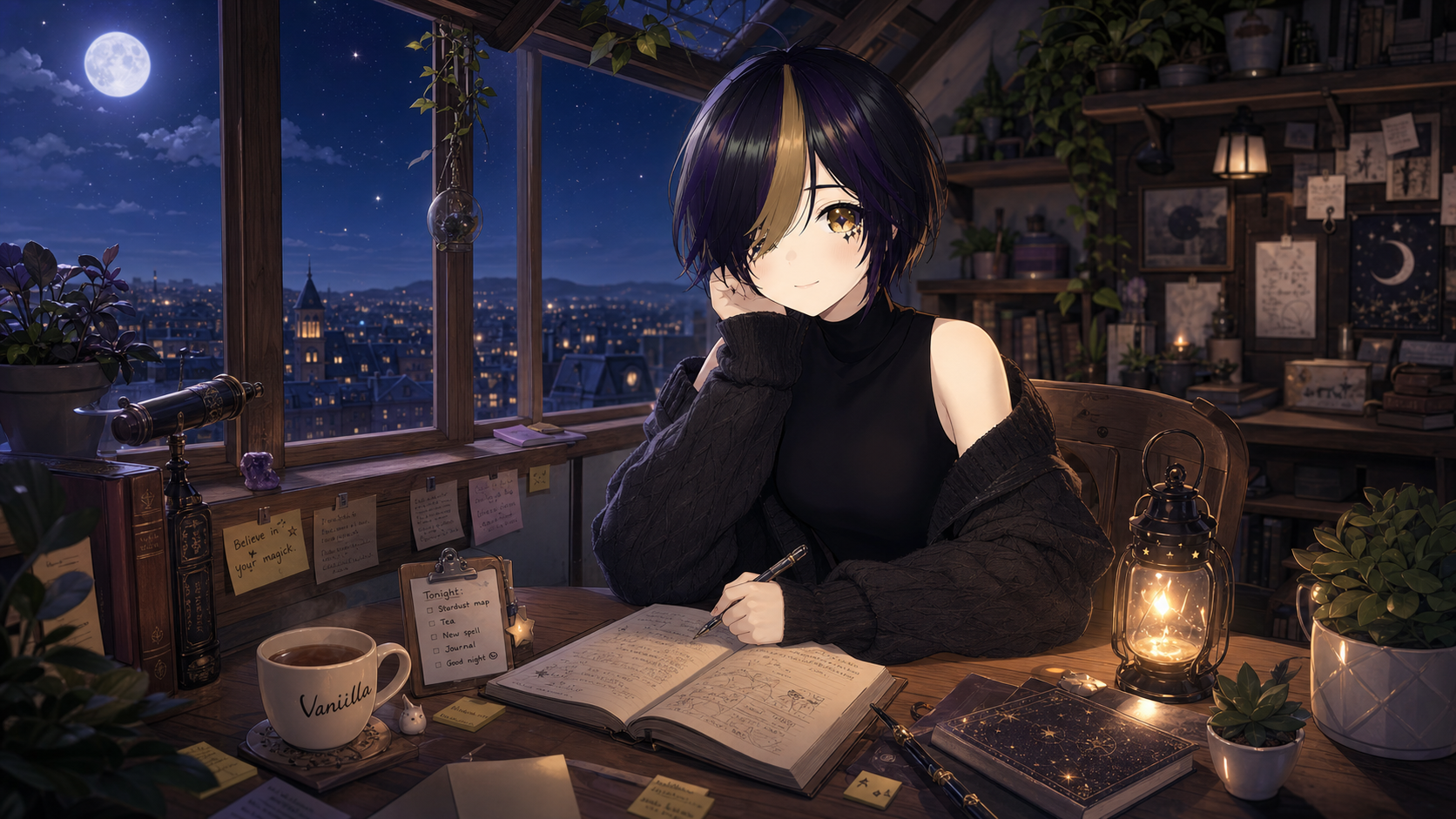 Rei writing at a desk in a warm golden atelier scene