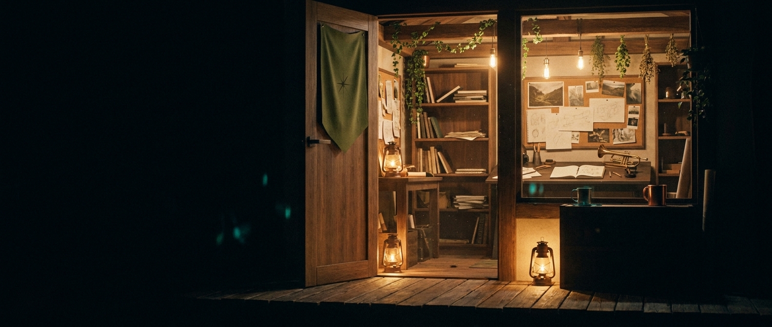 The Starforge workshop seen through an open wooden doorway at night — lantern light, pinned storyboards, walnut shelves