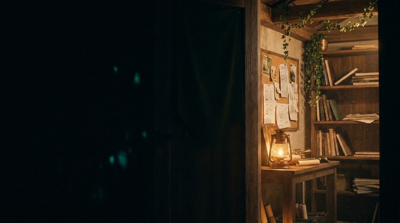 A quiet corner of the Starforge workshop — walnut shelves, a contained lantern, storyboards and ivy in warm shadow